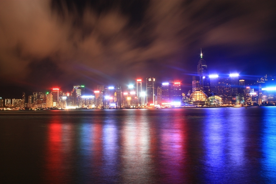 Nighttime view, Wan Chai, Hong Kong, HKCEC skyline, Victoria Harbour, Kowloon