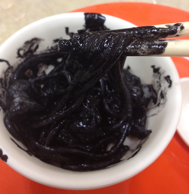 Black squid-ink noodle Tung Po, Java Road Cooked Food Centre, North Point, Hong Kong