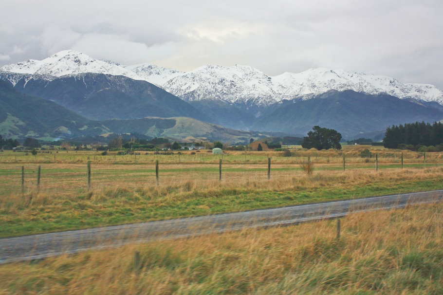 Seaward Kaikoura mountain range, on KiwiRail Coastal Pacific train, Picton to Christchurch, South Island, New Zealand, fotoeins.com