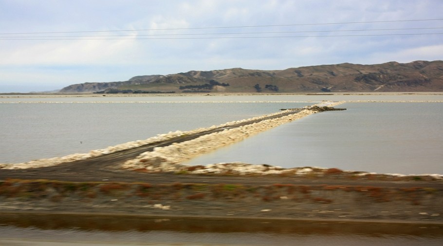 Salt ponds on Lake Grassmere, Marlborough region, on KiwiRail Coastal Pacific train, Picton to Christchurch, South Island, New Zealand, fotoeins.com