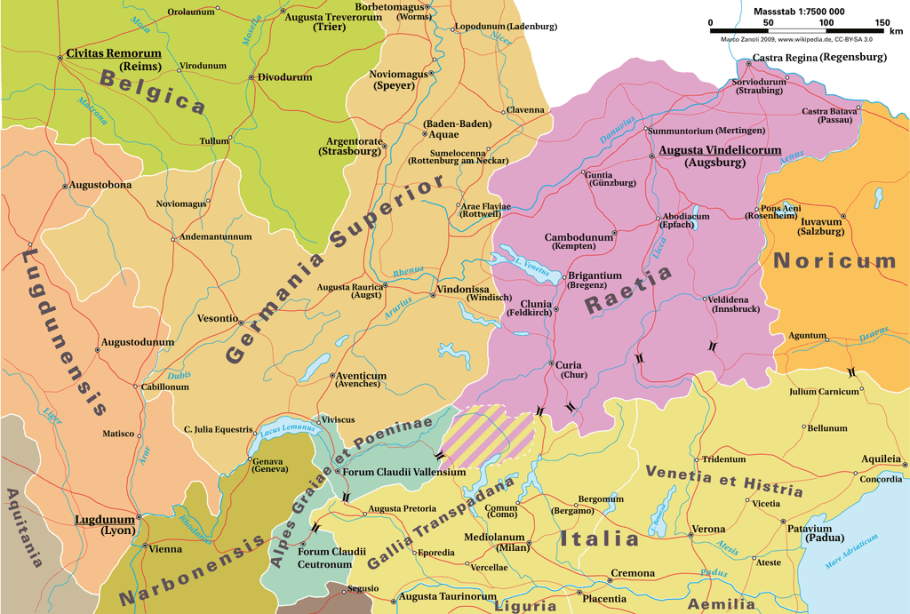 Roman provinces in the Alps, c. 150AD. Map by Marco Zanoli, Wikipedia, CC3 license