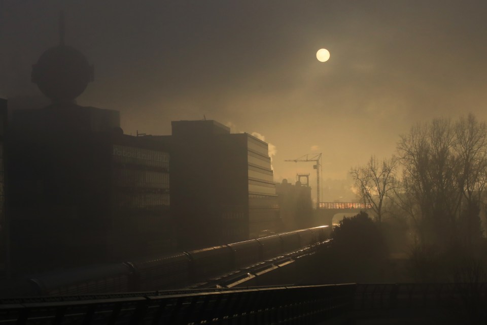 Morning fog, autumn fog, Seattle P-I globe, West Thomas St Overpass, Myrtle Edwards Park, Seattle, WA, USA, fotoeins.com