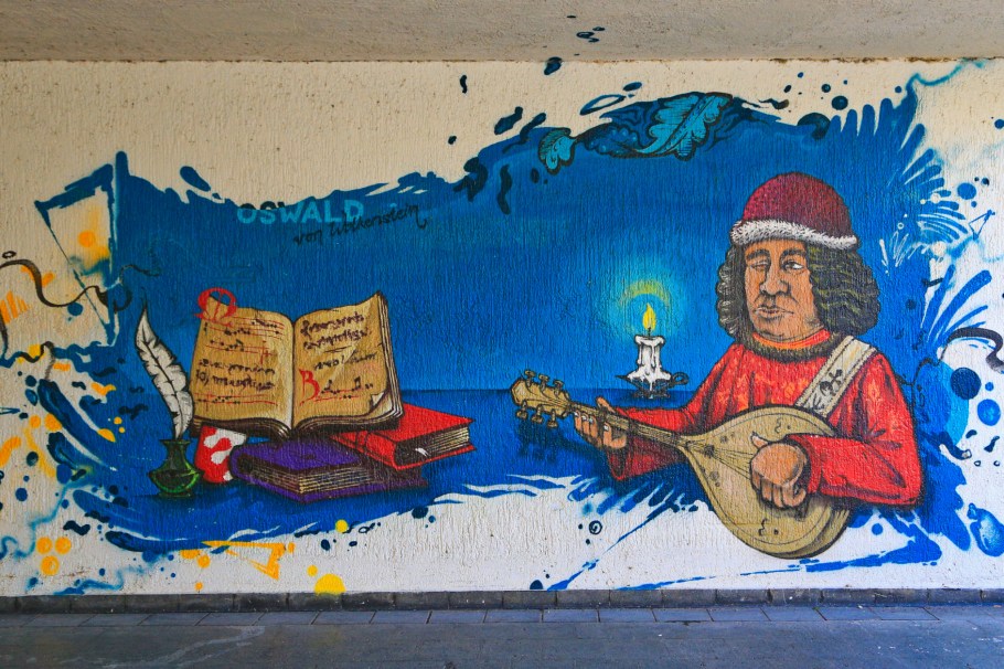 Oswald von Wolkenstein, Graffiti fürs Konziljubiläum, Emin Hasirci, Alte-Rheinbrücke, Konstanz, Constance, Baden-Württemberg, Germany, Deutschland, fotoeins.com