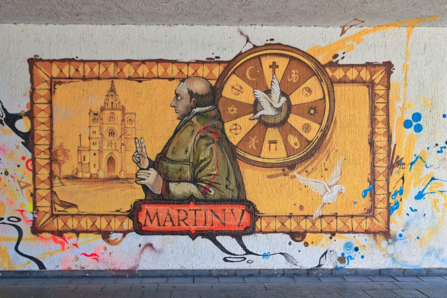 Pope Martin V, Graffiti fürs Konziljubiläum, Emin Hasirci, Alte-Rheinbrücke, Konstanz, Constance, Baden-Württemberg, Germany, Deutschland, fotoeins.com