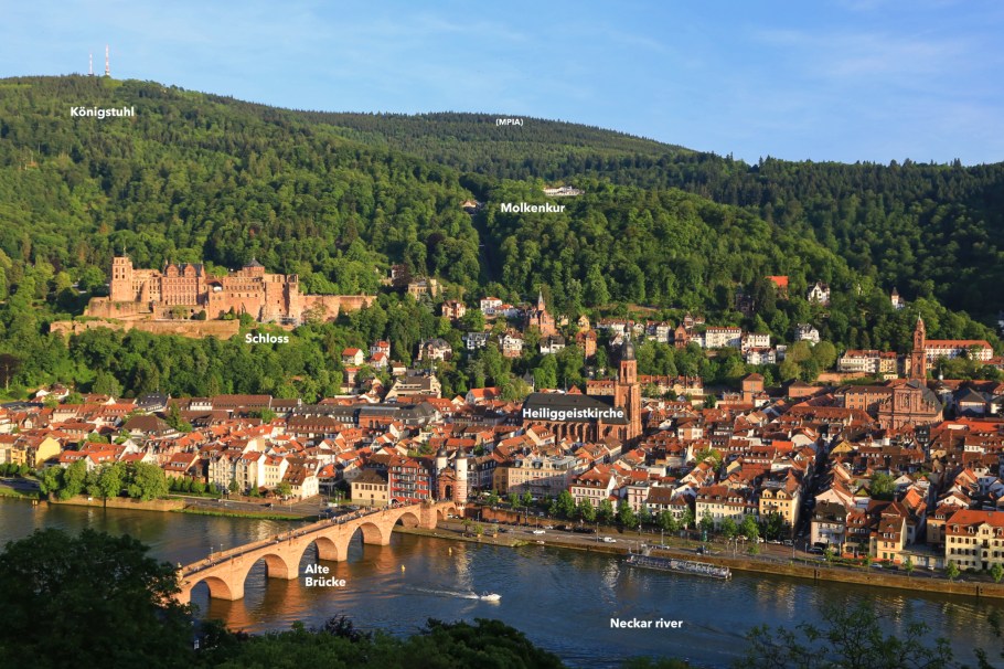 Heidelberger Altstadt, Philosophenweg, Königstuhl, Schloss Heidelberg, Alte Brücke, Heiligenkirche, Altstadt, Neckar, Neckar river, Heidelberg, Baden-Württemberg, Germany, Deutschland, fotoeins.com