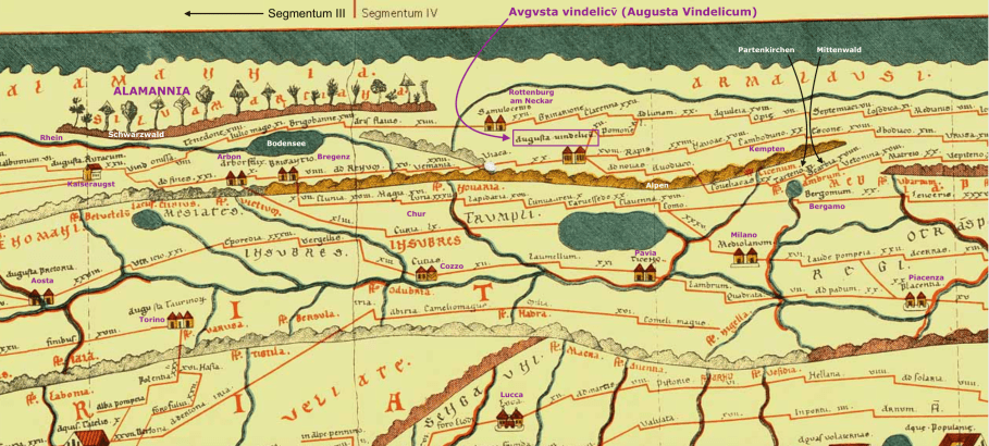 Tabula Peutingeriana, Segmentum III, Segmentum IV, Avgvsta vindelic, Augusta Vindelicum, Aelia Augusta, Augsburg 