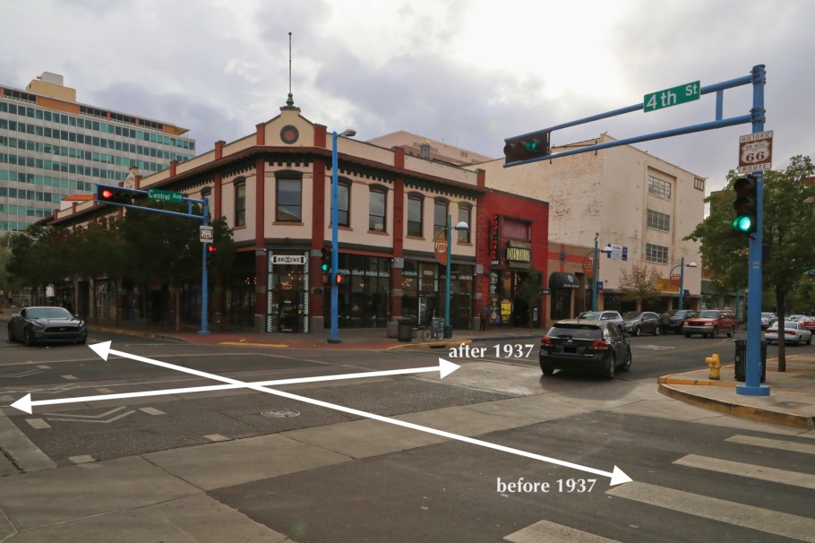 US route 66, US66, pre-1937 alignment, post-1937 alignment, Central Avenue SW, 4th Street, Albuquerque, New Mexico, USA, fotoeins.com