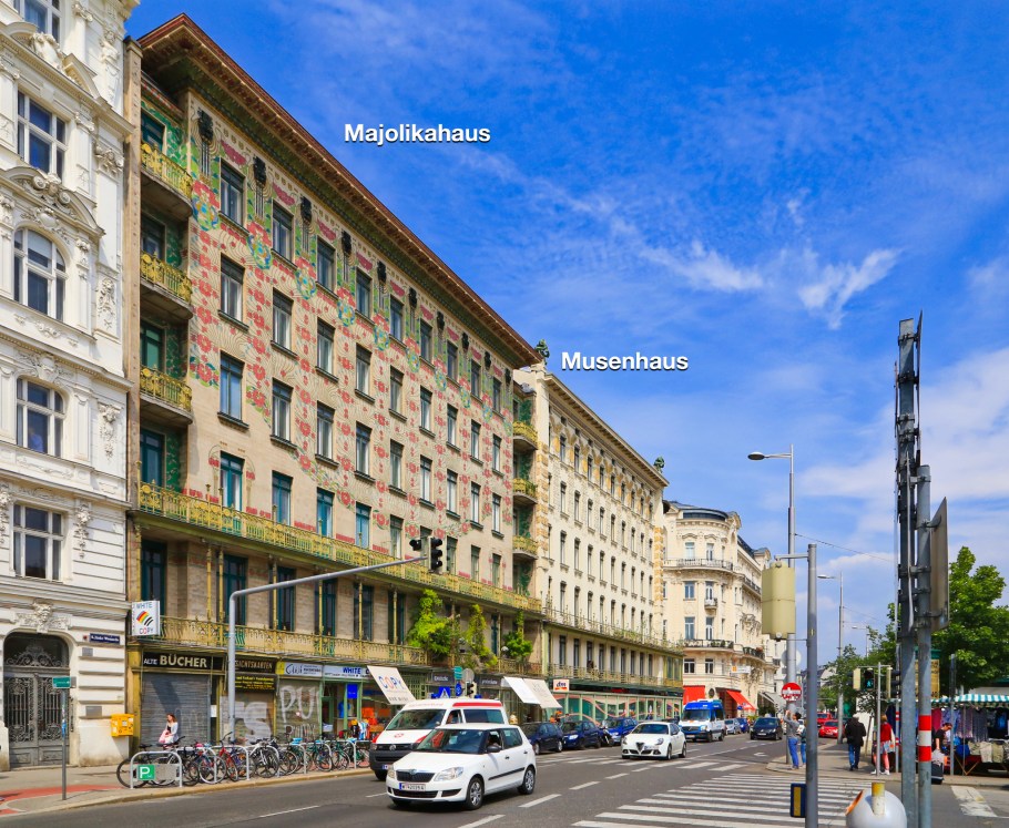 Wienzeilenhäuser, Majolikahaus, Linke Wienzeile 40, Musenhaus, Linke Wienzeile 38, Otto Wagner, Vienna Modernism, Wiener Moderne, Wien, Vienna, Oesterreich, Austria, fotoeins.com