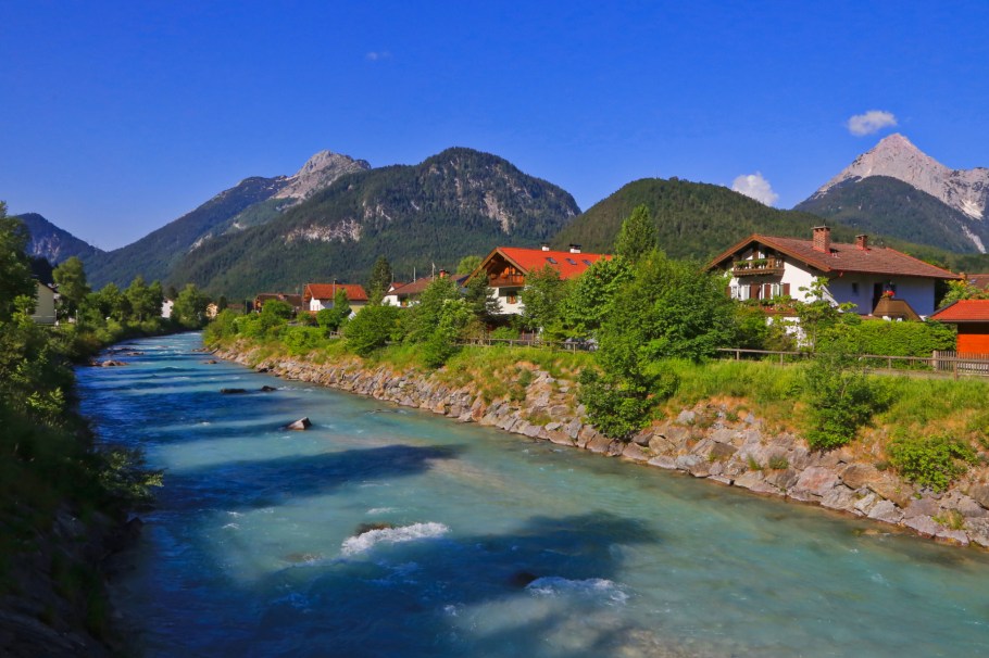Isar Brücke, Im Schwarzenfeld, Isar river, Mittenwald, Oberbayern, Upper Bavaria, Werdenfelser Land, Bayern, Bavaria, Germany, Deutschland, fotoeins.com
