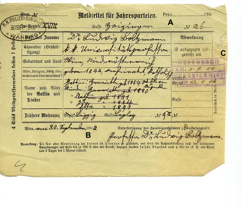 Meldezettel, Ludwig Boltzmann, Haizingergasse 26, 18. Bezirk, Währing, Wien WAIS WStLA.
