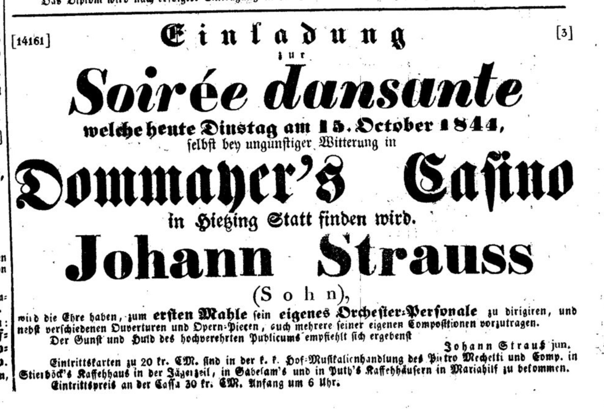 Dommayer Casino, Johann Strauss II, Wiener Zeitung, 15 October 1844