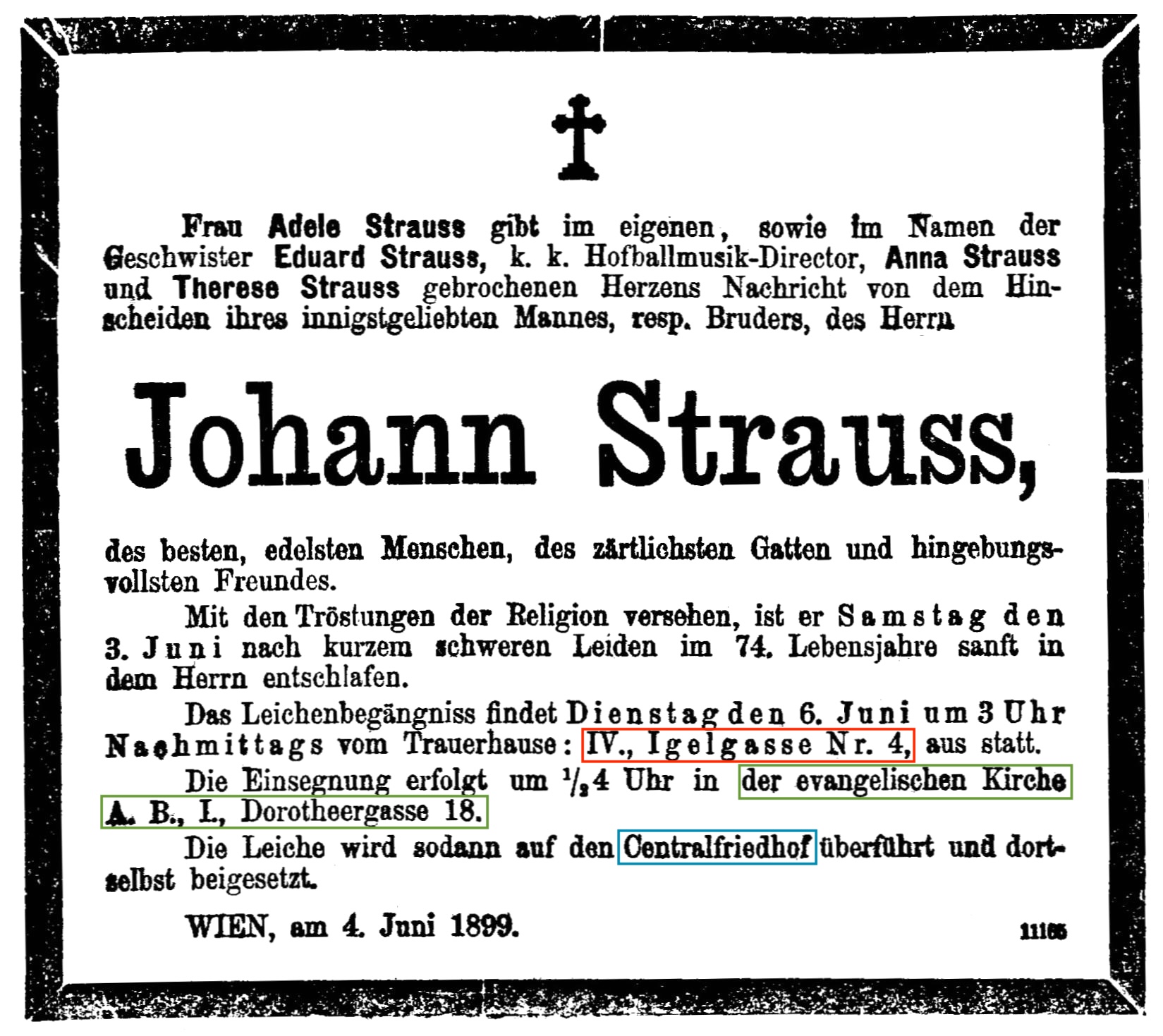 Todesanzeige, Johann Strauss II, Neue Freie Press, 6 June 1899