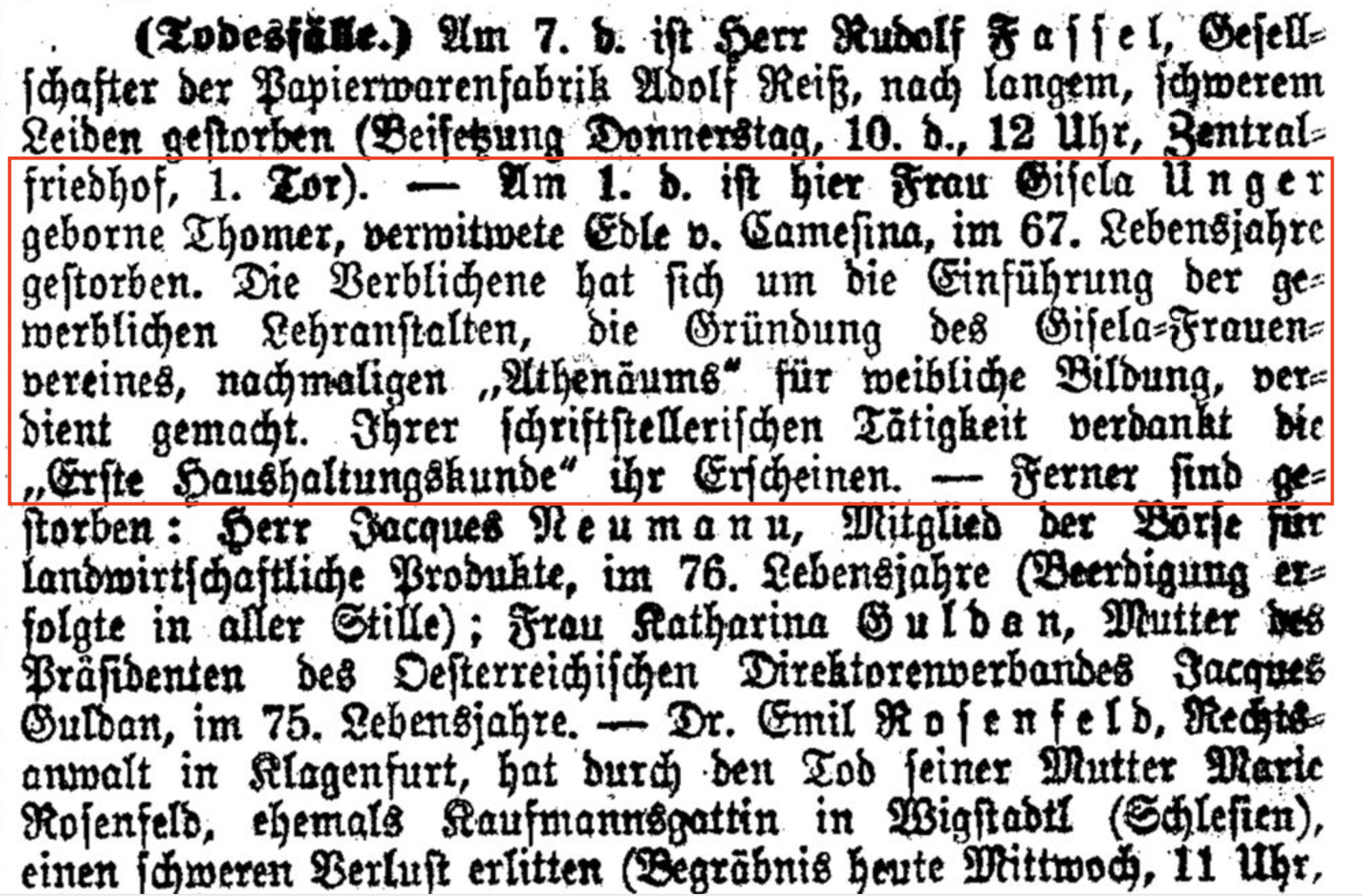 Gisela Unger,  "Todesfälle", Neue Freie Presse, 9 Dec 1931.